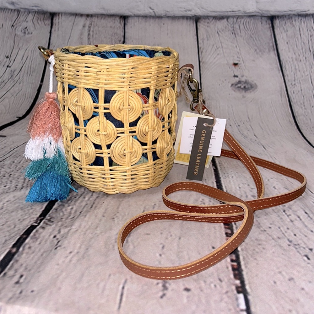 Handcrafted in Vietnam Premium Quality Straw Basket Purse Genuine Leather Strap